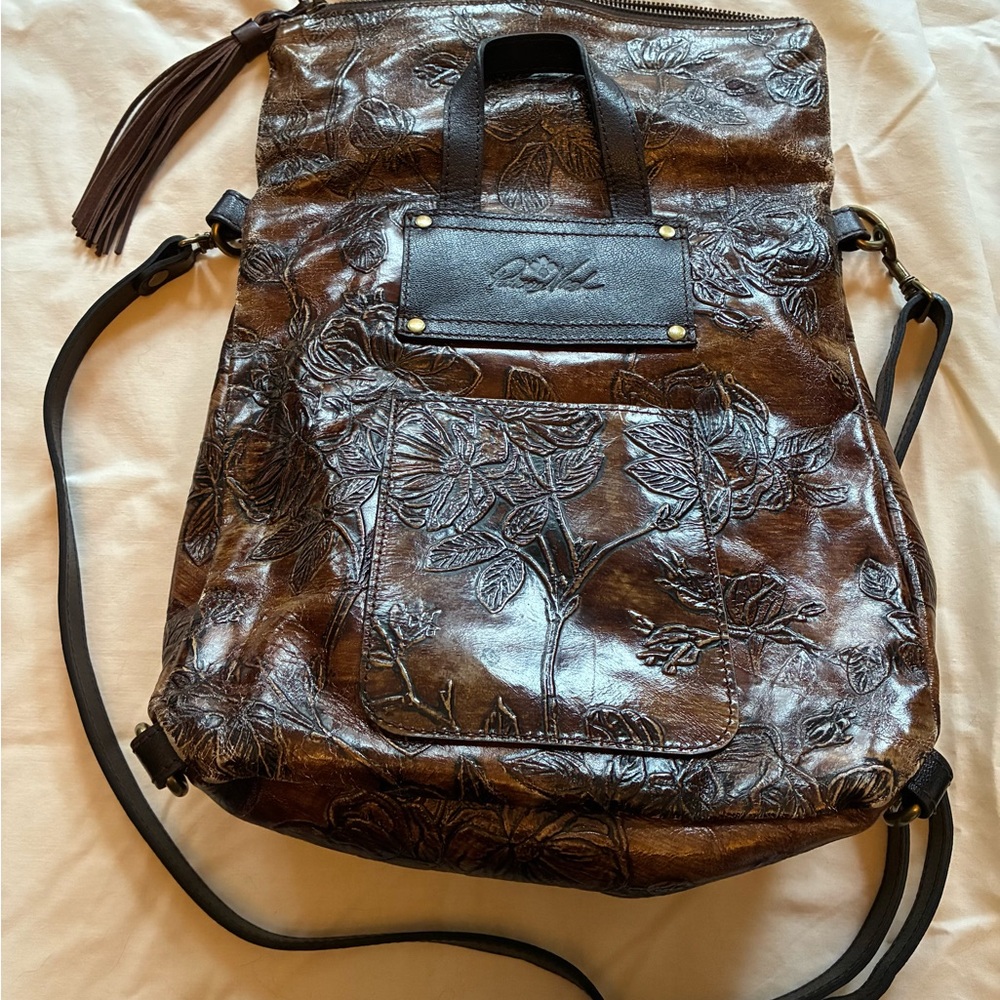 Patricia Nash Brown Embossed Floral Leather Convertible Backpack - Picture 12 of 14